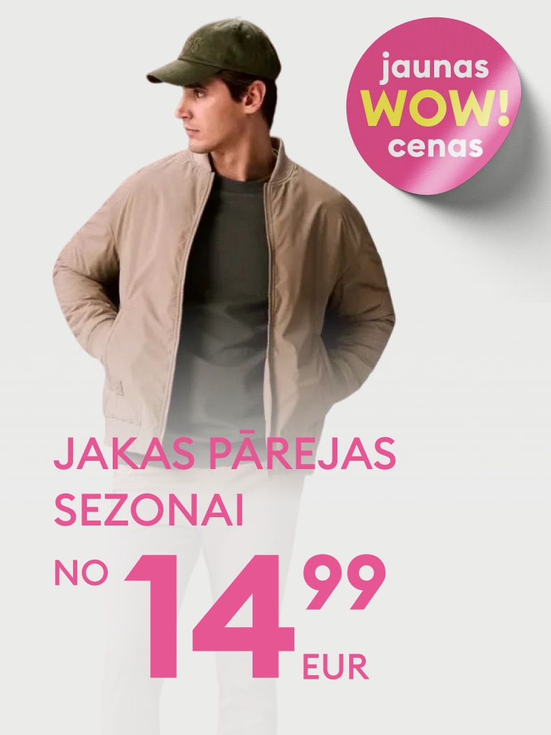 Reklāma par pārejas sezonas jakām ar īpašu piedāvājumu un zemu sākumcenu, mudinot iegādāties modernu apģērbu ikdienai.