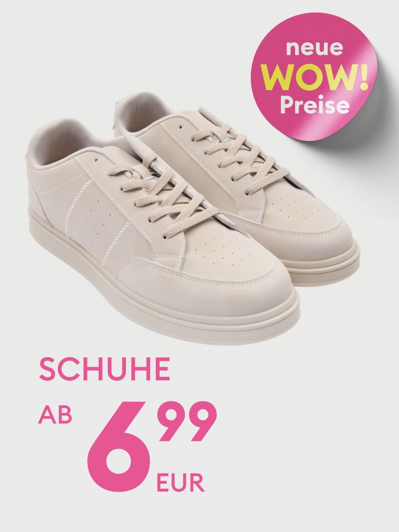 Werbebotschaft für ein Schuhangebot mit neuen Sonderpreisen, Einstiegspreis ab 6,99 EUR.