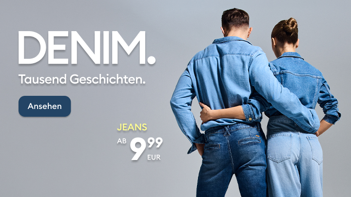 Werbebild zur Bewerbung von Denim-Jeans als modische Alltagskleidung und zur Aufforderung, das Angebot anzusehen.