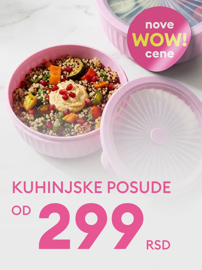 Promotivna ponuda kuhinjskih posuda za čuvanje i serviranje hrane, sa naglaskom na nove povoljne cene za svakodnevnu upotrebu.