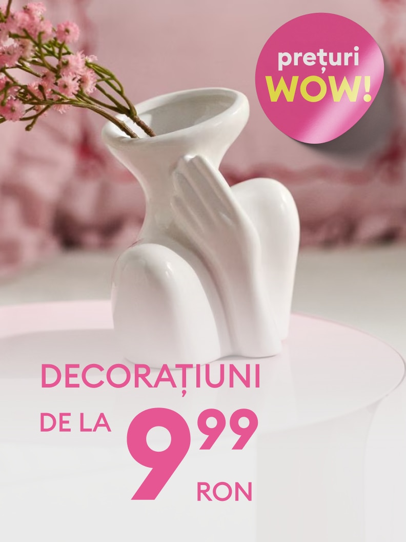 Promovare pentru decorațiuni de interior la prețuri foarte mici, cu oferte începând de la 9,99 RON.