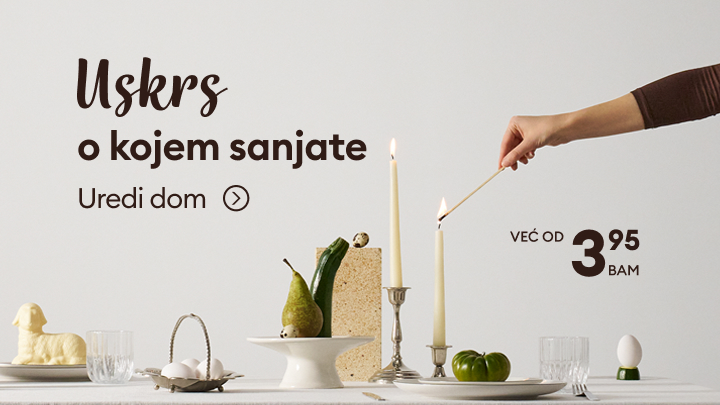 Promotivna slika koja inspiriše uređenje doma i trpezarijskog stola uz dekorativne dodatke i svijeće, s ciljem poticanja kupovine i stvaranja ugodne atmosfere.