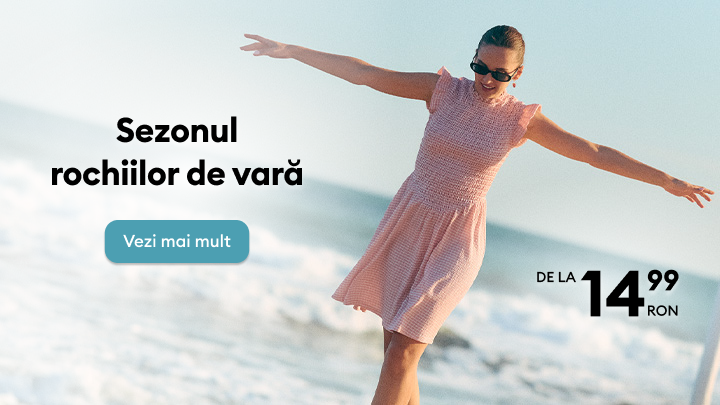 Promovare colecție de rochii de vară, cu ofertă de preț de la 14,99 RON, pentru a încuraja explorarea și achiziția produselor.