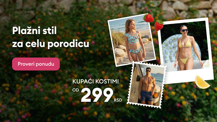 Promocija letnje ponude kupaćih kostima za celu porodicu, sa naglaskom na povoljnu početnu cenu od 299 RSD i pozivom da se pregleda dostupna ponuda.
