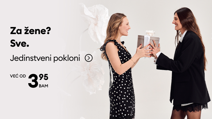 Promotivna poruka koja predstavlja ideje za poklone za žene i potiče kupovinu za posebne prilike.