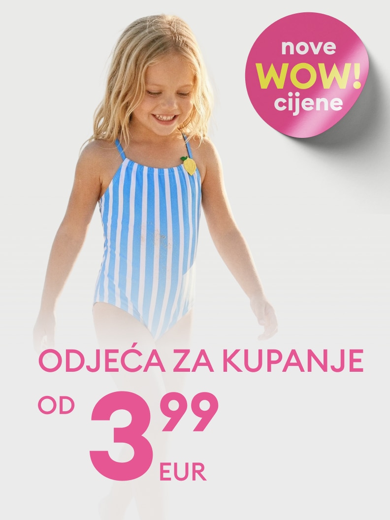 Promocija dječje odjeće za kupanje s novim povoljnim cijenama, početna cijena 3,99 EUR.