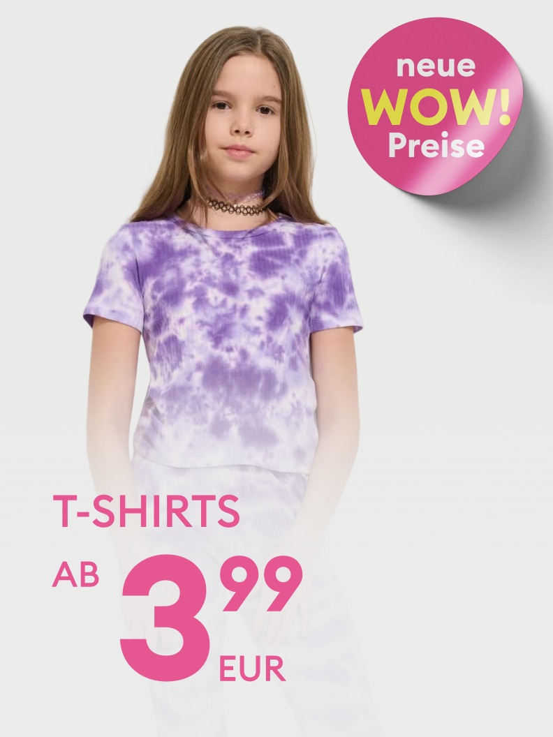 Werbegrafik für ein Angebot von T-Shirts für Kinder zu einem reduzierten Einstiegspreis, mit Fokus auf aktuelle Aktion und attraktives Preis-Leistungs-Verhältnis.
