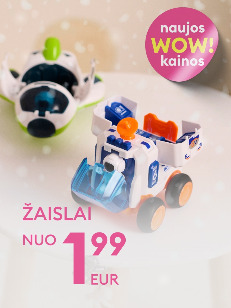 Žaislų reklama naujomis kainomis. Žaislai nuo 1,99 eurų.