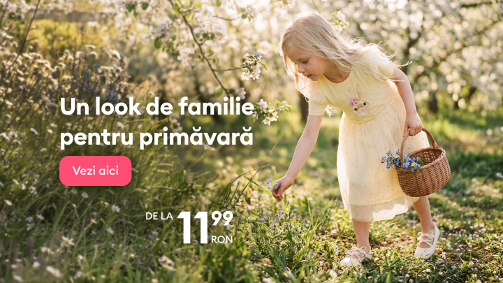 Promovare colecție de primăvară pentru familie, sugerând ținute lejere pentru copii și adulți, cu accent pe sezon, stare de bine și prețuri avantajoase.