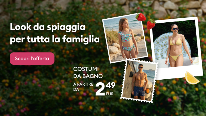 Promozione di costumi da bagno per tutta la famiglia, con proposte per adulti e bambini, che invita a scoprire l’offerta con prezzi a partire da 2,49 EUR.