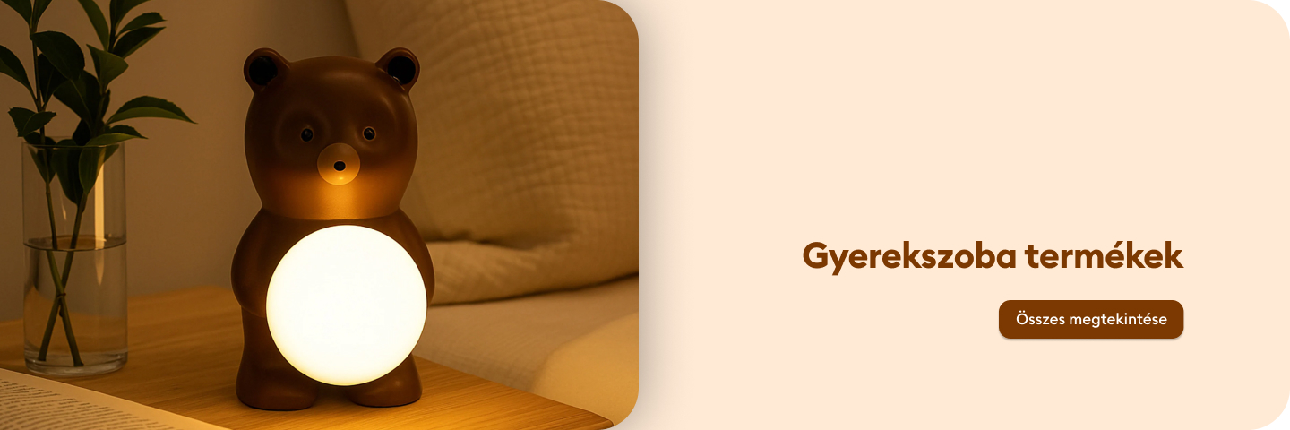 Hangulatos gyerekszobai kiegészítő, mely puha fényt áraszt, ideális az esti rutinokhoz és megnyugtató légkört teremt. Az „Összes megtekintése” gombra kattintva további termékek elérhetők a gyerekszoba kategóriában. banner