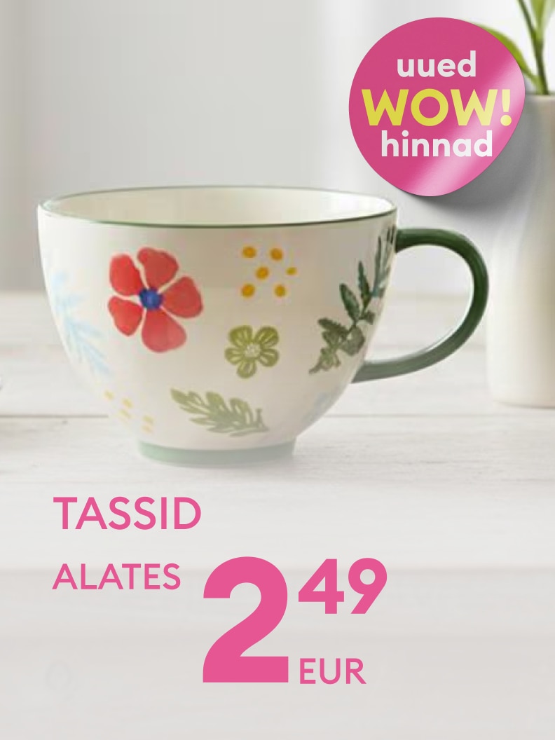 Reklaam kutsub ostma tasse soodushinnaga, rõhutades kampaaniat ja head hinnapakkumist kodukaupadele.