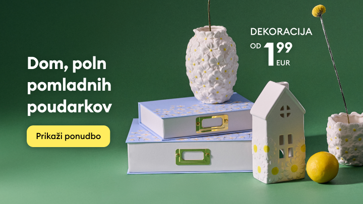 Promocijski banner, ki spodbuja nakup pomladne dekoracije za dom z ugodno izhodiščno ceno ter povabilom k ogledu celotne ponudbe.