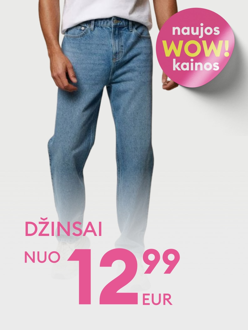 Reklaminė žinutė apie džinsų pasiūlymą: naujos akcijos kainos, džinsai parduodami nuo 12,99 EUR.