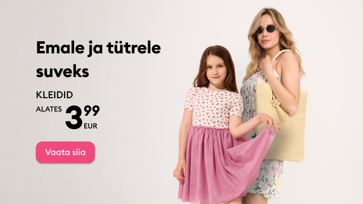 Ema ja tütar suveriietes, reklaam suvistele kleitidele alates 3,99 eurost.
