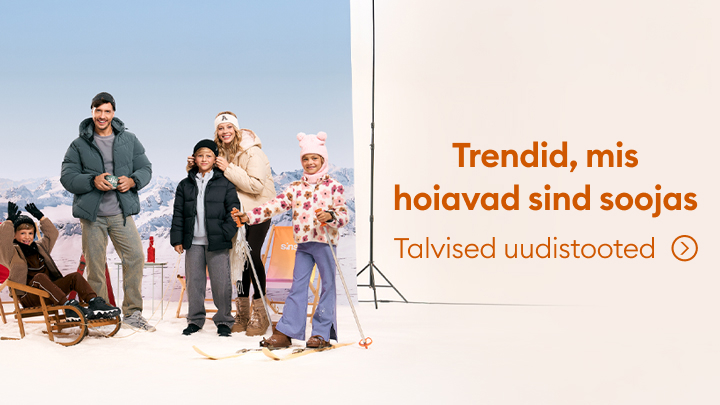 Talvise moe tutvustus. Inimesed talveriietes, taustal lumised mäed. Suusasõiduks ja talvistesse tegevustesse sobivad riietused. Tekst kutsub avastama uusi talvetrende ja soojasid tooteid.