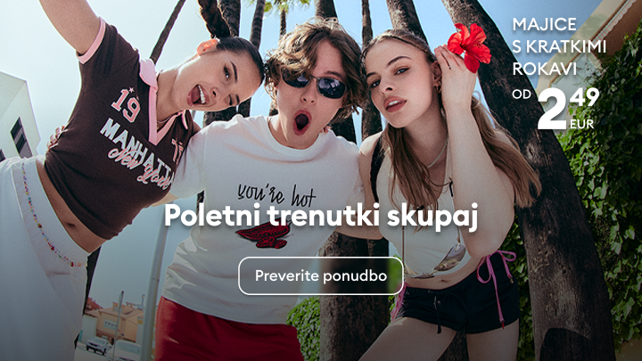 Promocija poletnih majic s kratkimi rokavi za skupne trenutke s prijatelji, z ugodnimi cenami od 2,49 EUR in vabilom k ogledu ponudbe.