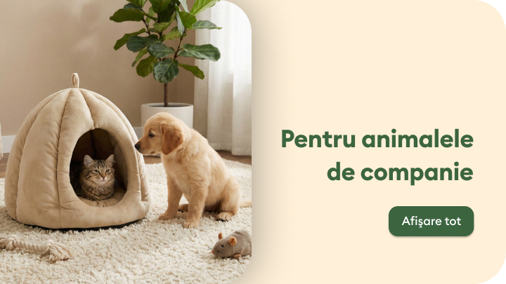 Promovare categorie de produse pentru animalele de companie, sugerând confort și îngrijire pentru câini și pisici în mediul de acasă.