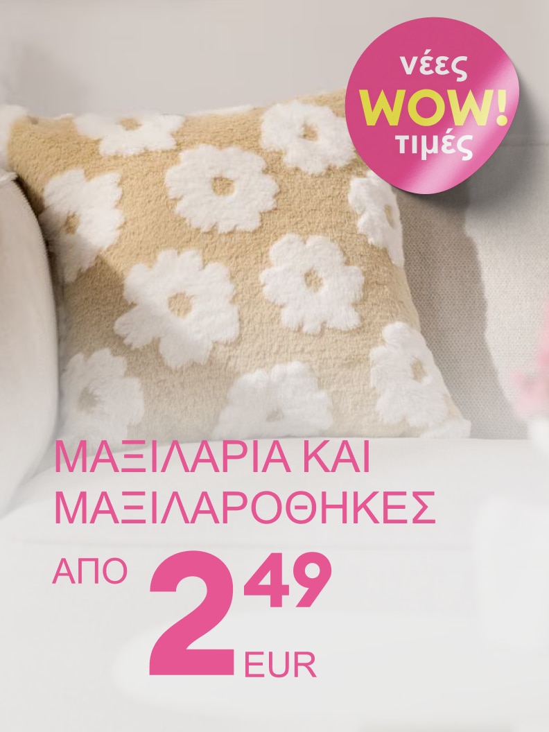 Προωθητική εικόνα που ενημερώνει για προσφορά σε μαξιλάρια και μαξιλαροθήκες, με νέες μειωμένες τιμές που ξεκινούν από 2,49 ευρώ.