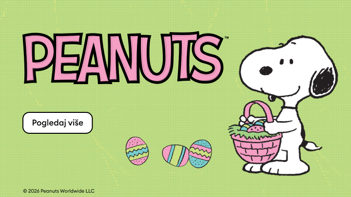 Promocija uskrsne ponude Peanuts s likom Snoopyja, potiče korisnika da sazna više o povezanim sadržajima ili proizvodima.
