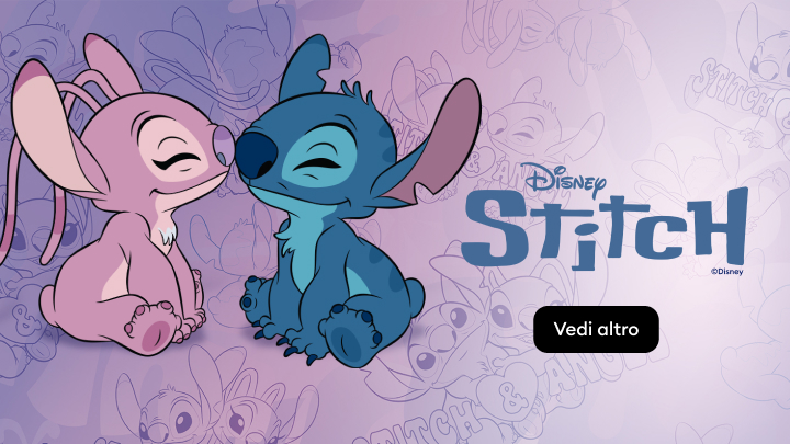 Banner promozionale dedicato a Disney Stitch con i personaggi Stitch e Angel, che comunica un’atmosfera affettuosa e invita a scoprire prodotti o contenuti correlati.