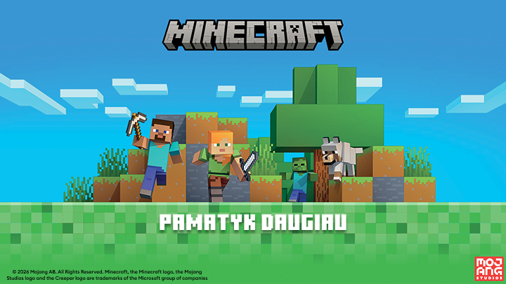 Reklaminis Minecraft žaidimo turinys, kviečiantis sužinoti daugiau apie žaidimo pasaulį ir jo nuotykius.