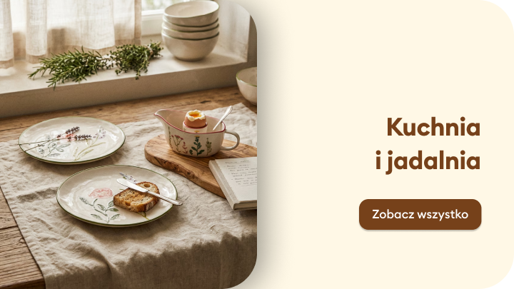 Link do kategorii produktów do kuchni i jadalni, zachęcający do zapoznania się z ofertą zastawy i akcesoriów stołowych.