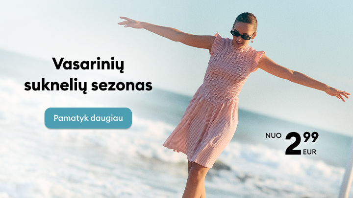 Reklama kviečianti atrasti vasarines sukneles ir peržiūrėti pasiūlymus, pabrėžiant prieinamas kainas nuo 2,99 EUR.