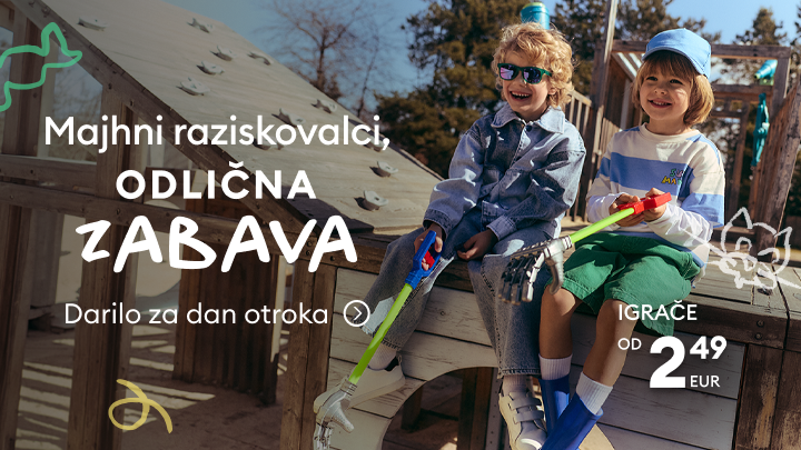 Promocijski oglas za otroške igrače kot darilo ob dnevu otroka, ki spodbuja zabavno raziskovanje na prostem in poudarja ugodne cene od 2,49 EUR.