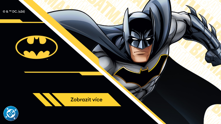 Superhrdina v ikonickém kostýmu s netopýřím symbolem na hrudi v akční póze. Vlevo logo Batmana a tlačítko s textem „Zobrazit více“. Součástí je logo DC. Obrázek odkazuje na obsah související s postavou Batmana a jeho univerzem.