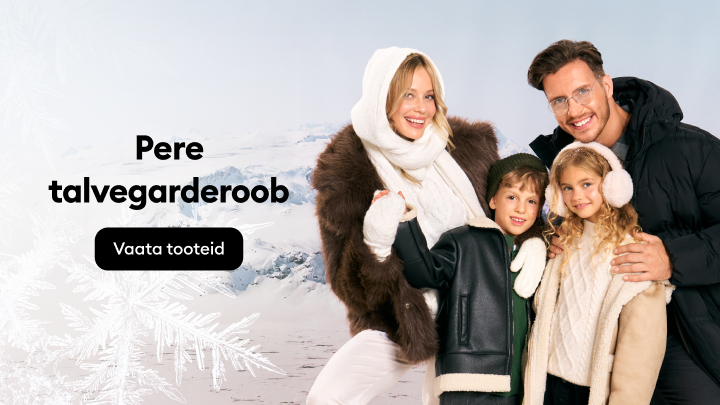 Pere talvegarderoob. Lingil "Vaata tooteid" klõpsates saab avastada talvehooaja rõivavalikut kogu perele. Tekst kutsub üles tutvuma toodetega, mis on sobilikud külmadeks talvepäevadeks.