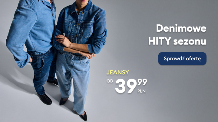 Baner promocyjny zachęcający do zakupu jeansów jako hitów sezonu, prezentujący stylizacje damską i męską oraz informujący o cenach zaczynających się od 39,99 zł.