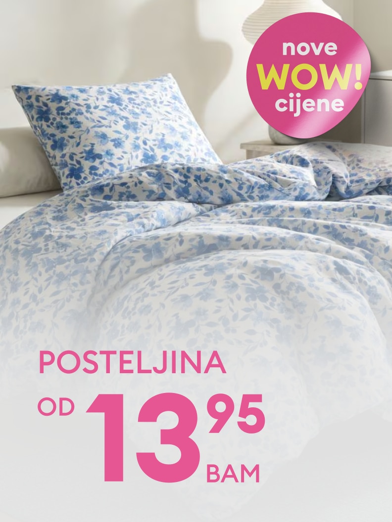 Promotivna ponuda posteljine za spavaću sobu s naglaskom na sniženje i povoljne početne cijene, namijenjena informisanju o aktuelnoj prodajnoj akciji.