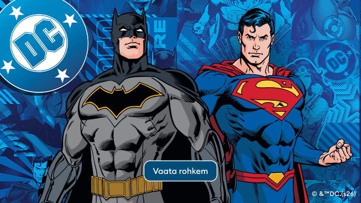 DC koomiksi kangelased. Batman ja Superman seisavad kõrvuti, taustal DC logo ja koomiksistiilis kujundus. Paneelil on nupp, mis kutsub vaatama rohkem sisu ("Vaata rohkem").