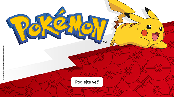 ALT: "Slika prikazuje Pikachuja, priljubljenega lika iz serije Pokémon. V zgornjem delu je logotip Pokémon, pod katerim je ozadje z motivi Poké žogic. Spodaj je gumb z napisom 'Poglejte več', ki uporabnika usmerja k dodatnim informacijam."