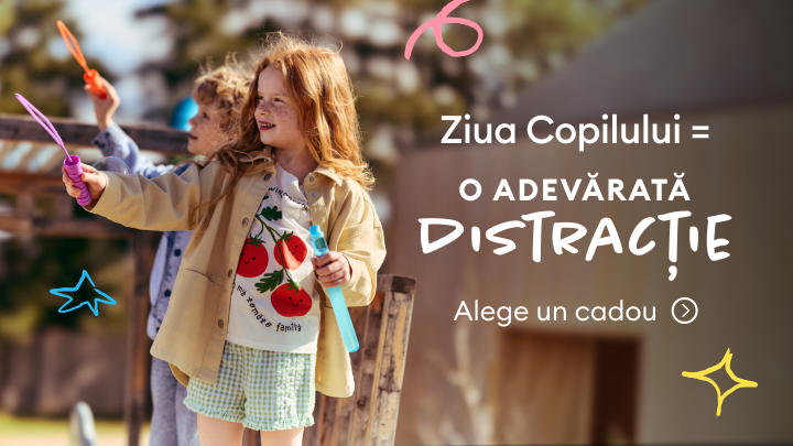 Promovare cadouri de Ziua Copilului, sugerând distracție și joacă pentru copii și invitând utilizatorul să aleagă un cadou potrivit.