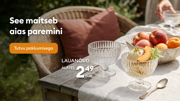 Reklaam kutsub avastama soodsat lauanõude pakkumist suvisteks aiakohtumisteks, rõhutades mugavat ja maitsekalt kaetud lauda ning pakkumise eeliseid.