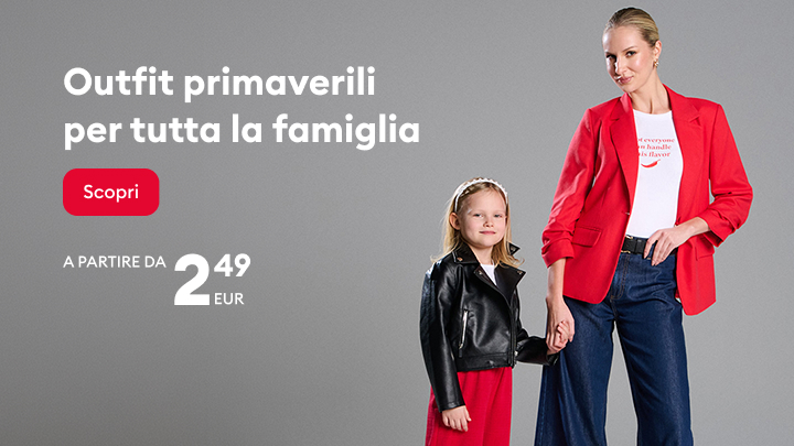 Promozione di outfit primaverili coordinati per tutta la famiglia, con invito a scoprire la collezione e mettere in evidenza stile e convenienza per adulti e bambini.
