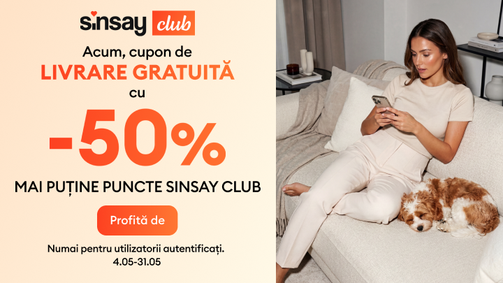 Promovare Sinsay Club care anunță un cupon de livrare gratuită disponibil cu 50% mai puține puncte pentru membrii autentificați, valabil pentru o perioadă limitată.