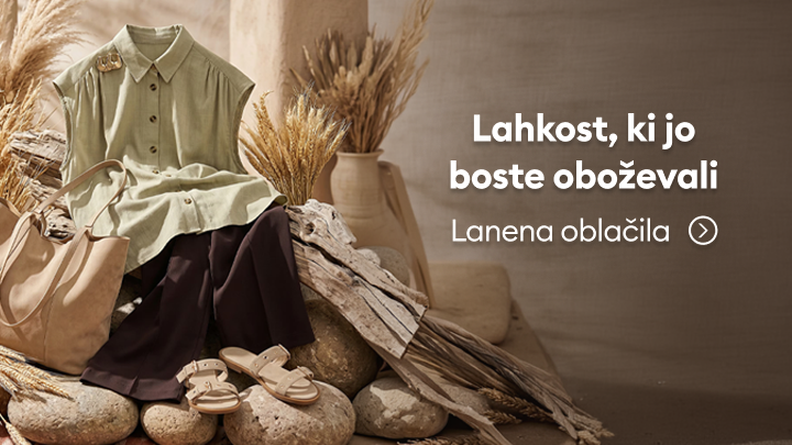Promocija kolekcije lanenih oblačil, ki poudarja lahkotnost in udobje za tople dni.