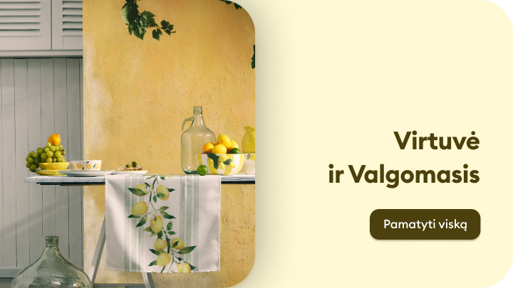 Reklaminis baneris, kviečiantis peržiūrėti virtuvės ir valgomojo prekių asortimentą.