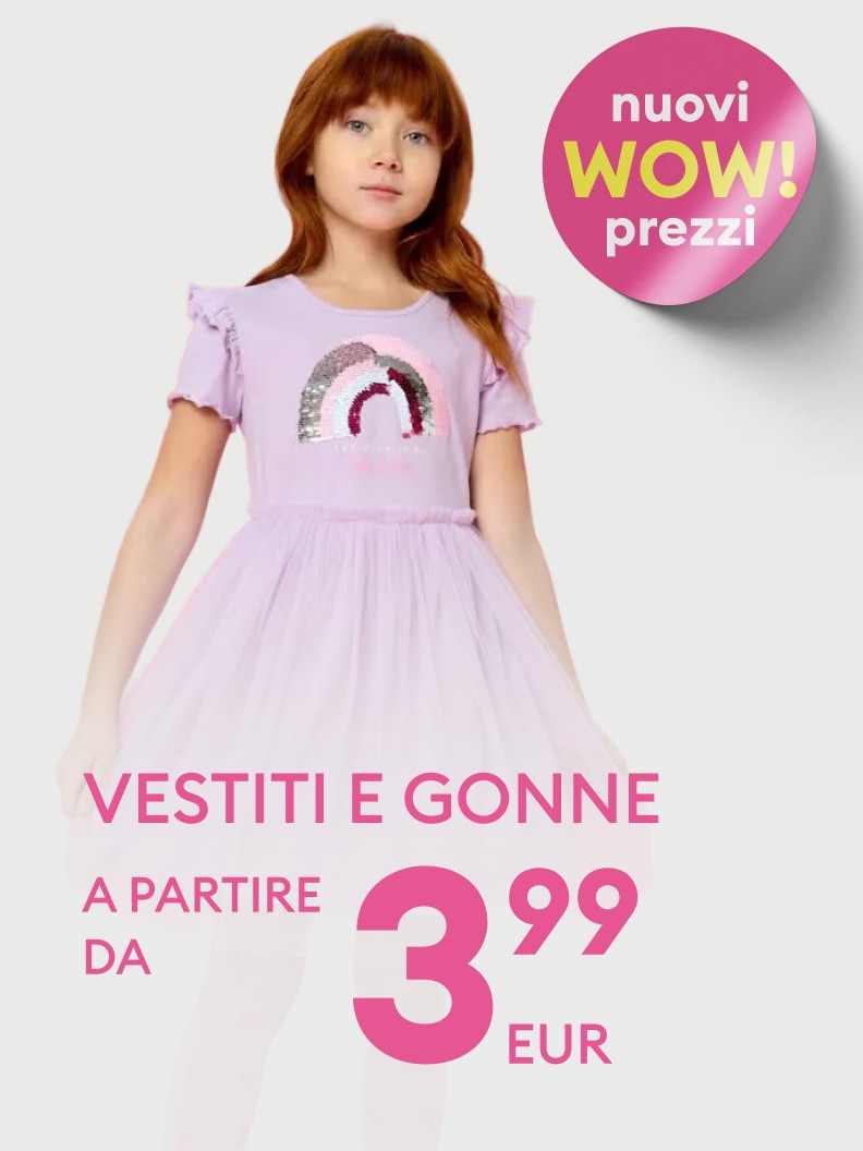 Promozione su abbigliamento per bambine, in particolare vestiti e gonne, con prezzi scontati a partire da 3,99 euro.