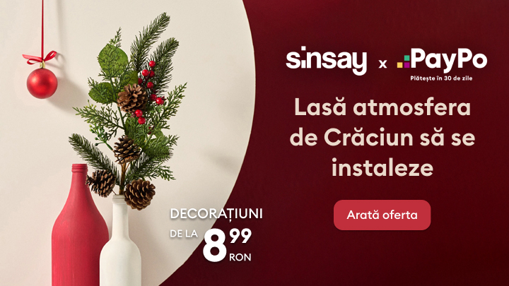 Decorațiuni de Crăciun disponibile la Sinsay de la 8,99 RON. Creează o atmosferă magică de sărbători în casa ta. Opțiunea de plată PayPo îți permite să plătești în 30 de zile. Descoperă oferta acum. banner