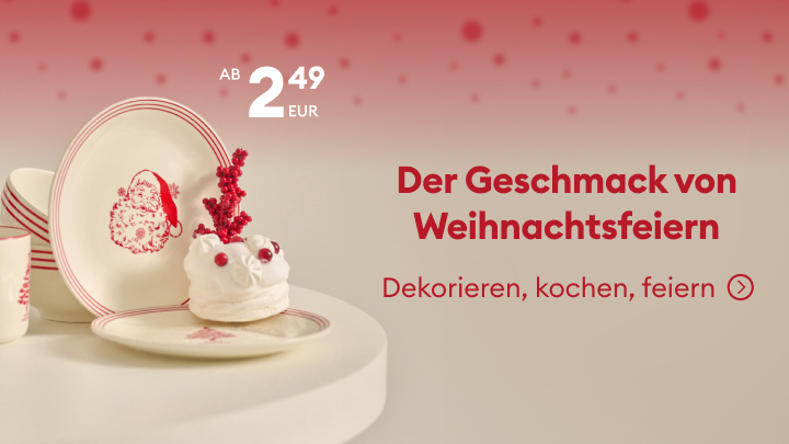 Weihnachtstischdekoration und festliche Geschirrkollektion für gemütliche Feiern. Perfekt zum Dekorieren, Kochen und Feiern. Angeboten ab 2,49 EUR, inspiriert von traditionellen Weihnachtsmotiven. Kreiere die perfekte Atmosphäre für die Festtage. banner