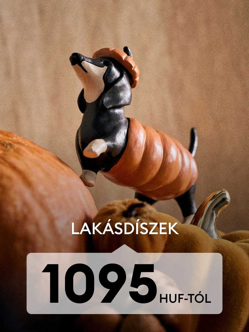 Lakásdíszek kedvező áron 1095 HUF-tól, szezonális dekorációs ajánlat kutyafigurával és tökökkel