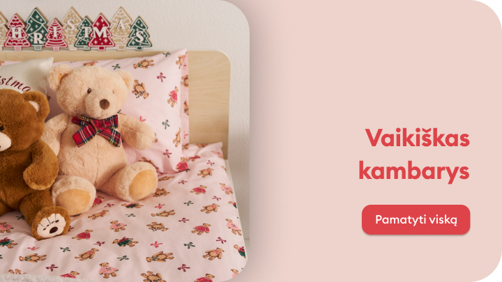 Du teddybearai sėdi ant vaikiškos lovos rausvais patalais. Kairėje pusėje rudas meškiukas, dešinėje – šviesus meškiukas su languotu kaspinu. Virš lovos yra kalėdinė dekoracija. Dešinėje pusėje paveiksle matomas užrašas "Vaikiškas kambarys" ir mygtukas "Pamatyti viską".