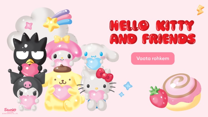 Hello Kitty ja sõprade teemaline kampaaniapilt lastele mõeldud toodete tutvustamiseks