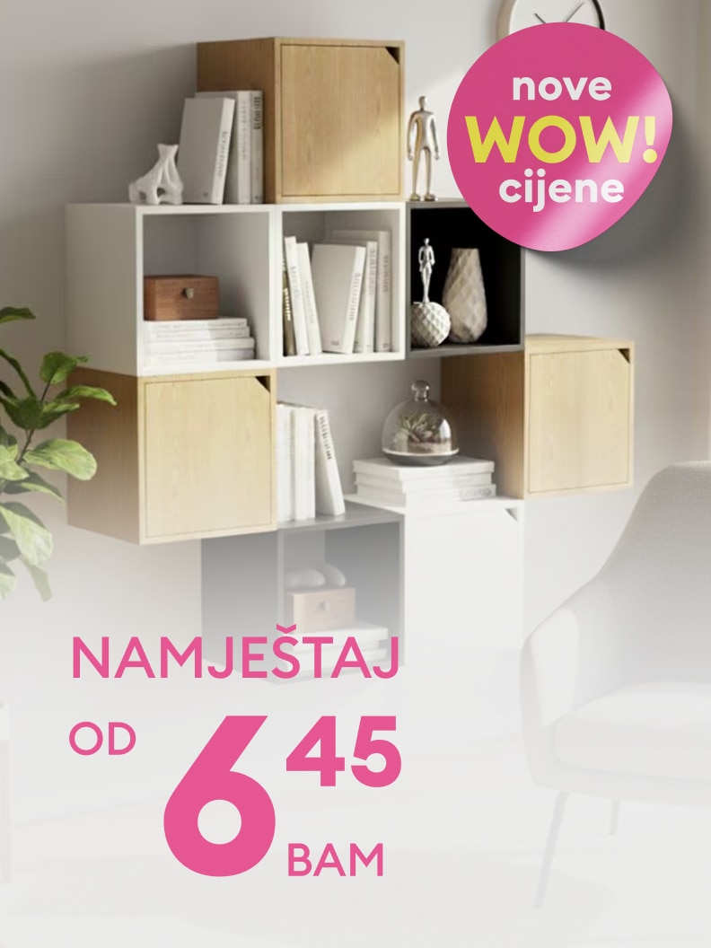 Promotivna ponuda namještaja s istaknutim novim WOW cijenama, namijenjena informisanju kupaca o povoljnim cijenama proizvoda od 6,45 BAM.