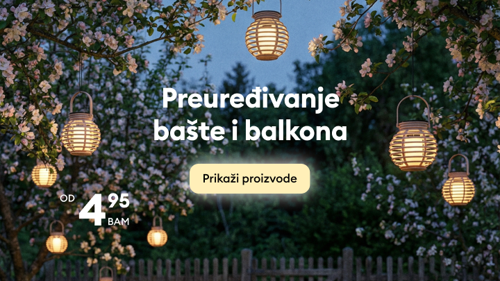 Promotivni baner koji informiše o ponudi rasvjete za uređenje bašte i balkona te poziva na pregled dostupnih proizvoda.