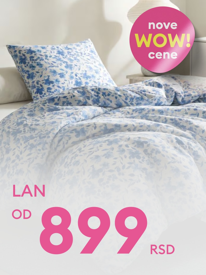 Promotivna ponuda posteljine sa cvetnim dezenom, dostupna po sniženoj početnoj ceni od 899 RSD.